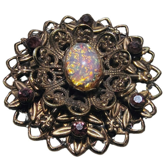 50s Mid Century Vintage  Pink Opalescent Connfetti Aurora Borealis Gold Brooch - Picture 2 of 5